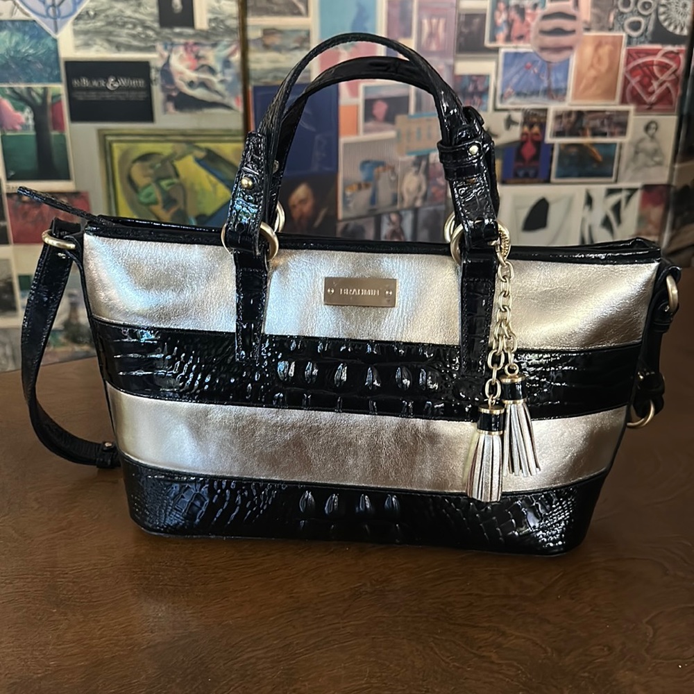 Brahmin Mini Asher Black & Gold Stripe Bag